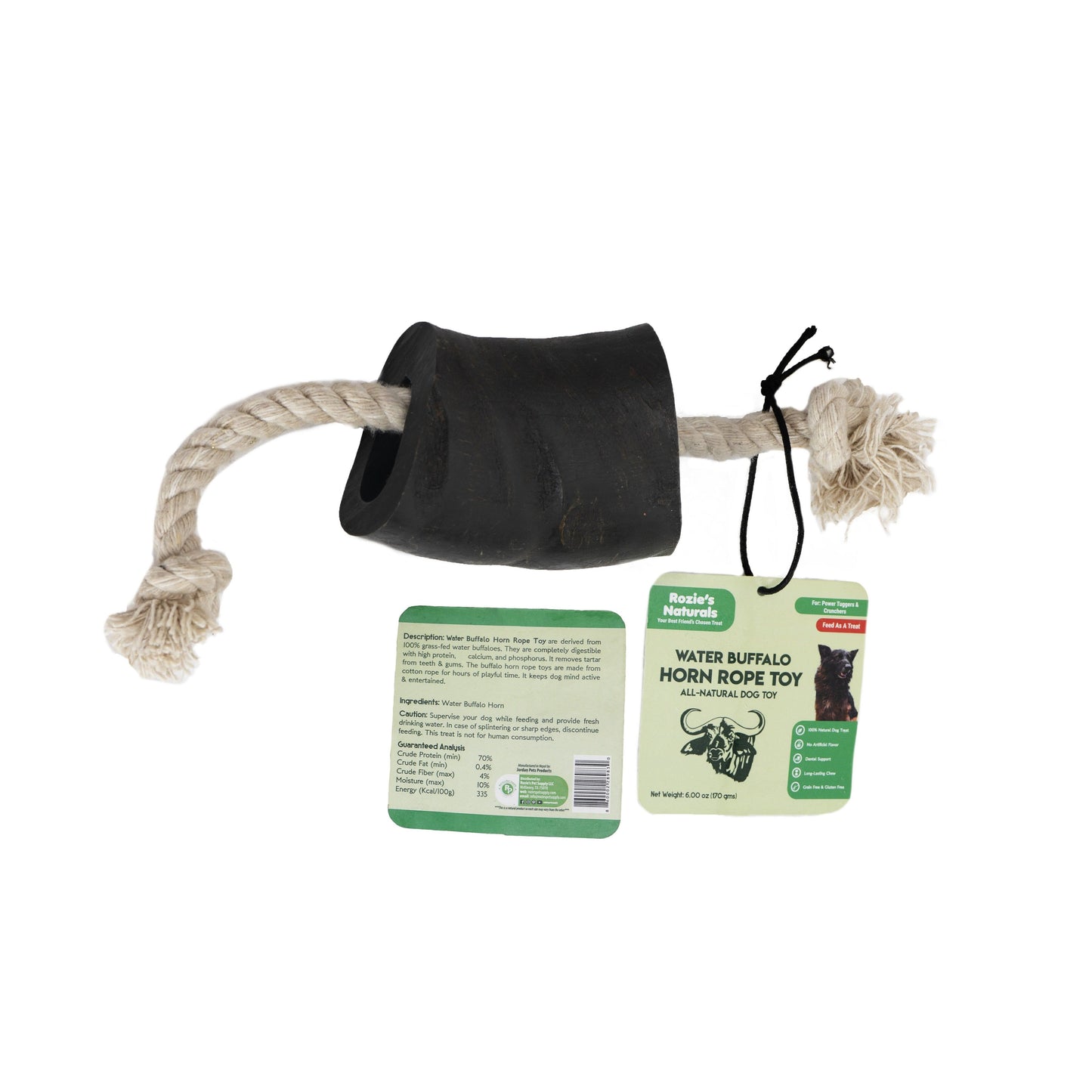 Water Buffalo Horn Rope Tug Toy-100% Cotton Rope 14"; Long-Lasting; Natural Dog Treat & Chews; Dog Dental Chew Toy-2 COUNT-10 oz