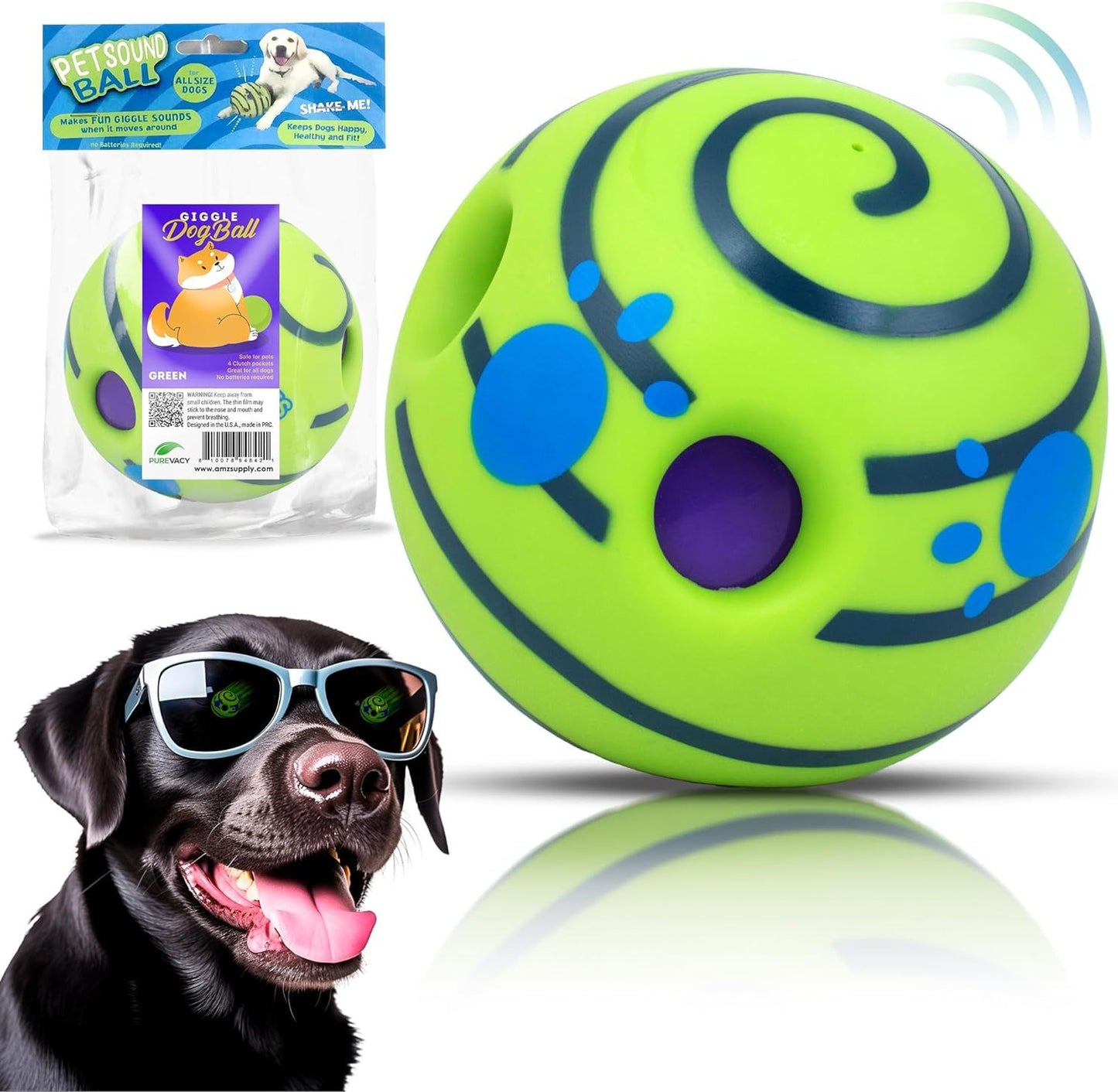 Giggle Dog Ball; 5.5" in Diameter; Green Interactive Dog Toy Sound 12 oz; Vinyl Giggle Ball for Dogs; Wiggle Waggle Ball for Dogs; Sound Dog Toys Wobble; Fun Wibble Wobble Ball for Dogs