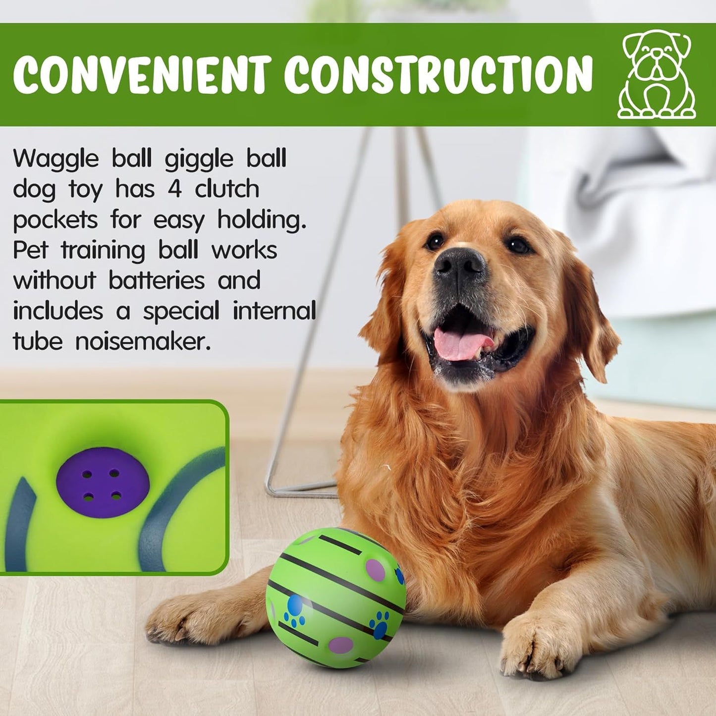 Giggle Dog Ball; 5.5" in Diameter; Green Interactive Dog Toy Sound 12 oz; Vinyl Giggle Ball for Dogs; Wiggle Waggle Ball for Dogs; Sound Dog Toys Wobble; Fun Wibble Wobble Ball for Dogs